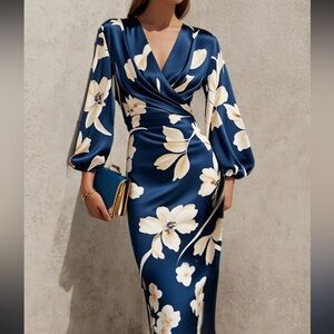 Fehaute Blue Floral V Neck Balloon Sleeve Midi Sheath Satin Dress